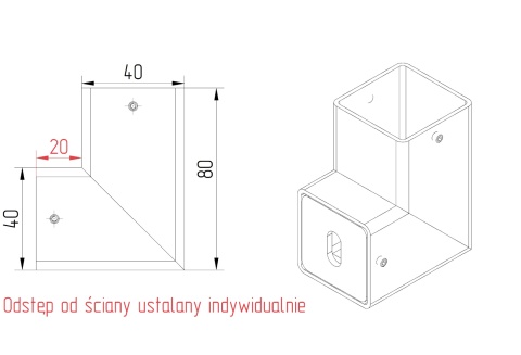 adapter boczny 40x40mm do balustrada wewnętrzna pionowa harfa 35x35mm