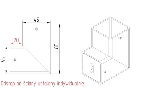 Adapter boczny 45x45mm do balustrada wewnętrzna pionowa harfa kwadratowa 40x40mm